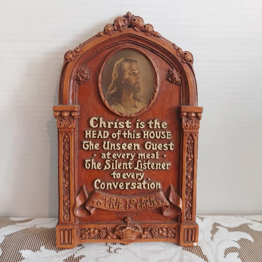 Vintage Religious Wall Plaque Jesus Christ Head of This House Phil 1:21 10x6.5